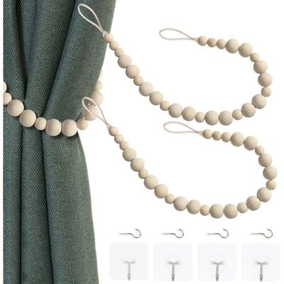 Embrasses De Rideaux Bohème 2 Pièces - Corde Tressée Main Avec Pompons Feuilles - Beige Naturel - Décoration Élégante Pour Fenêtres