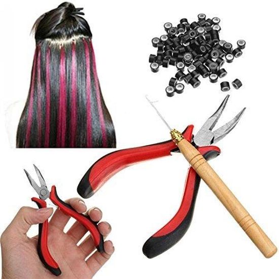 Kit de pose d’extension de cheveux avec pince/crochet tire-mèche/outil pour billes/200 micro-anneaux Noir