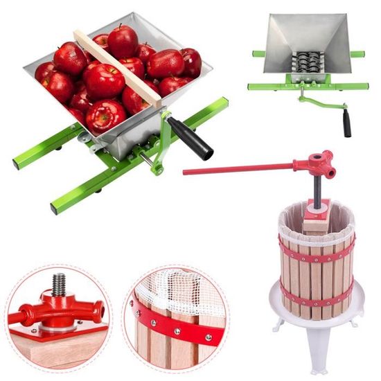 Presse à Fruits 12L + Moulin à Fruits 7L - En Acier Inoxydable Et Bois De Chêne - Pour Jus, Vin, Cidre Maison - 11