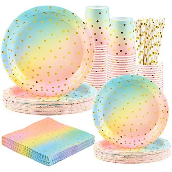 Kit Vaisselle Anniversaire Fille Arc-en-Ciel Boho - 20 Assiettes Et Serviettes Rose - Decoration Fête