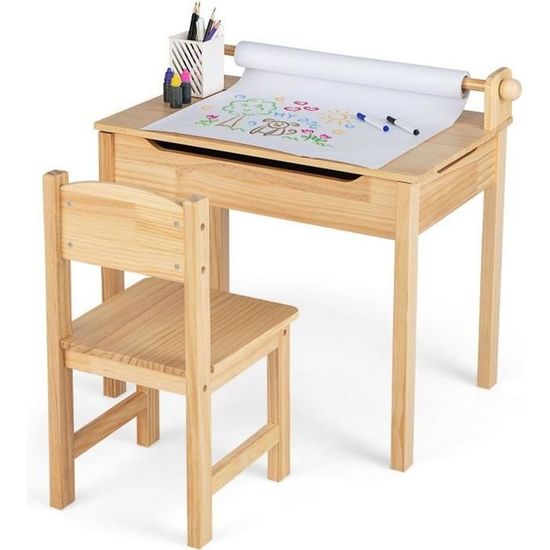 COSTWAY Bureau Enfant Avec Chaise Réglable En Hauteur - Rose - Lampe LED Et Tiroir