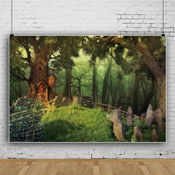 1x1,5m Vinyle Toile De Fond Conte De Fées Forêt Avec Des Lanternes Vert