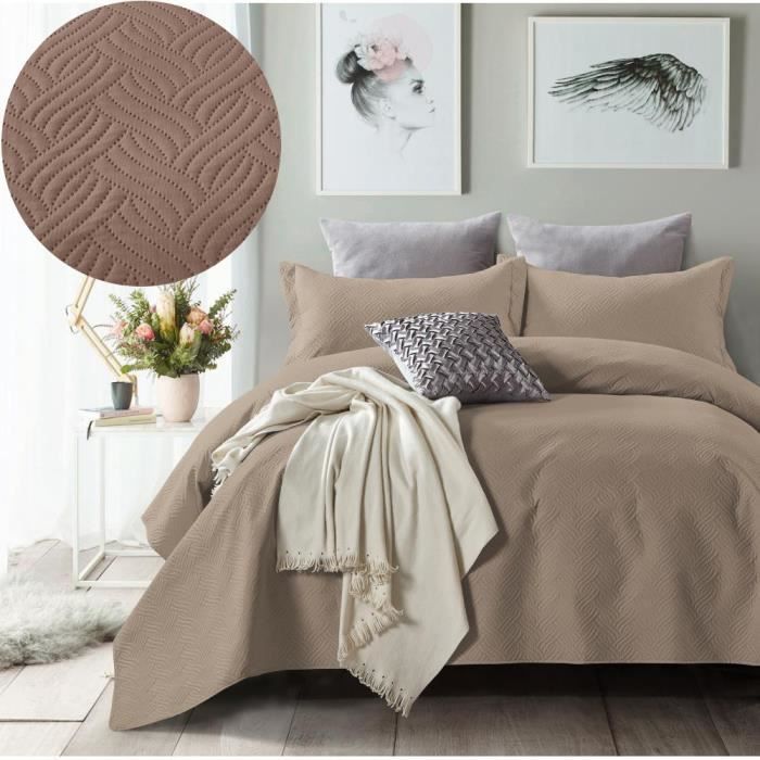 NANDO Boutis Édredons 260x250+2 Taies Housse d'Oreiller Jeté de Lit Couvre Matelassé Set 3pcs Moderne Classique Beige Taupe Marron