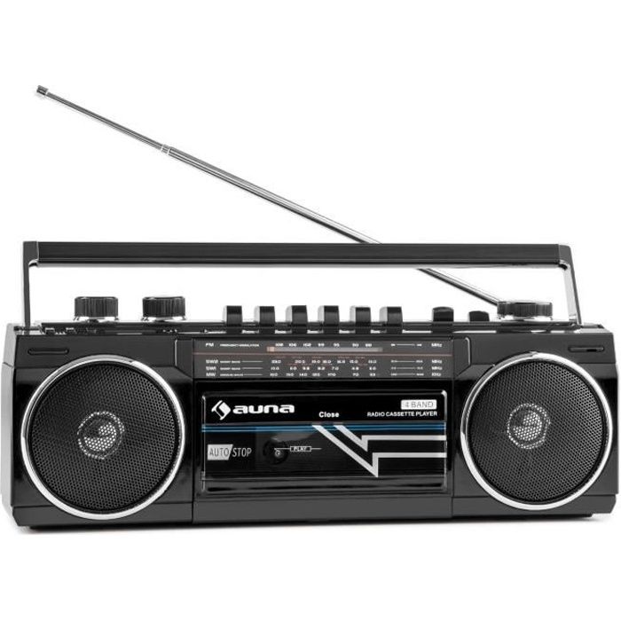 auna Duke Poste radio cassette portable rétro Ghettoblaster Bluetooth (USB ,SD MP3 , tuner FM , haut-parleurs stéréo) - noir