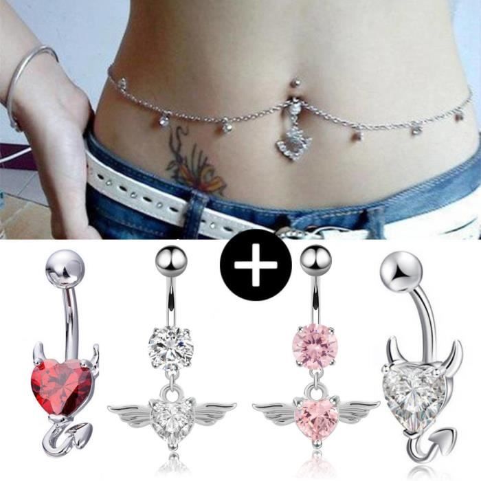 Pack 5 Piercing Nombril Ange Et Démon Argenté Blanc Rouge Rose