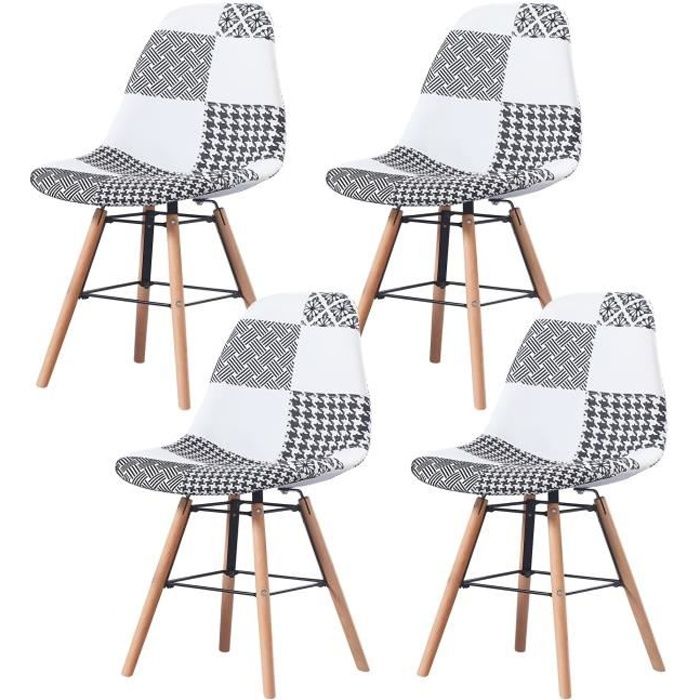 CARLA - Lot de 4 chaises scandinave - Tissu - Noir/Blanc - pieds en bois et metal design salle a manger salon - 53 x 46 x 82 cm
