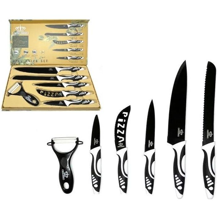 Set Couteaux de Cuisine - Ensemble de Couteaux Pro - Couteaux de Chef 6 Pcs en Céramique avec Eplucheur - Noir/Blanc