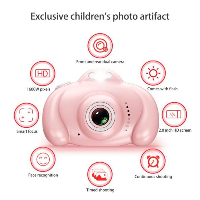 Appareil photo numérique pour enfants 1600W avec double objectif+32G Rose