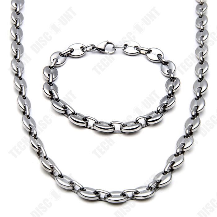 TD® Bijoux d'ambiance en acier inoxydable 9mm grain de café tout acier titane boucle Bracelet collier ensemble de bijoux pour hommes