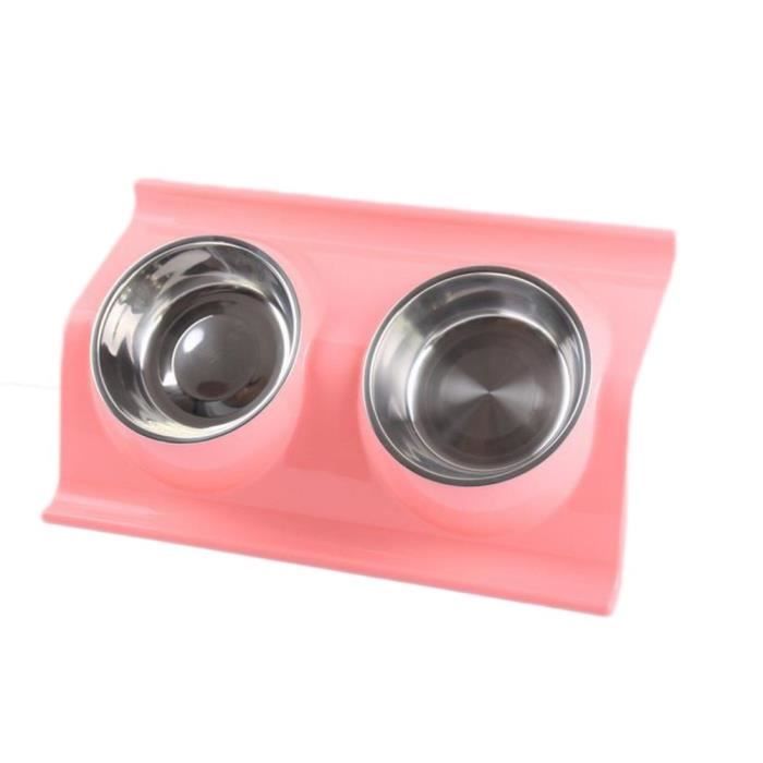 Chien Chat Gamelle Double Bol en Acier Inoxydable pour Chiens ou Chat Bone Amovible Bols pour Animaux de Compagnie (Rose)@M2783