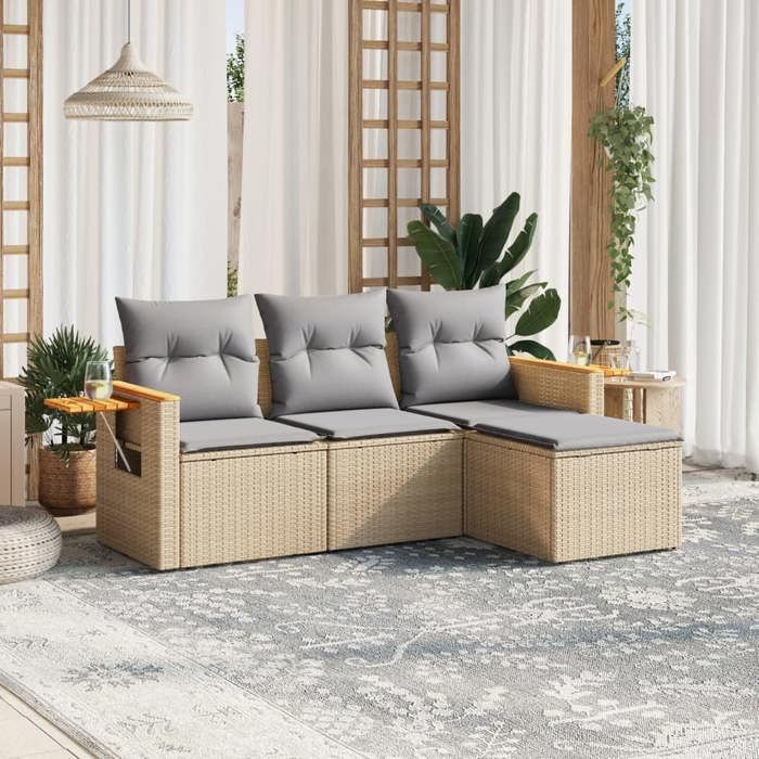 vidaXL Salon de jardin avec coussins 4 pcs beige résine tressée 3226745