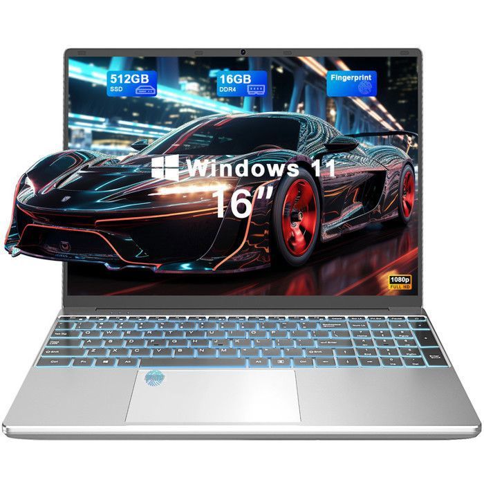 Ordinateur Portable 16 Pouces 16 Go RAM 512 Go SSD  PC Portable Windows 11 Pro Intel N95 5G WiFi Serrure à Empreinte Digitale