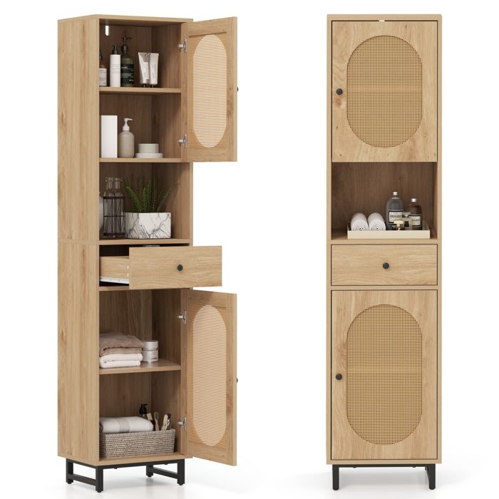 COSTWAY Colonne de Salle de Bain avec 2 Portes en Rotin PE Compartiment Ouvert et Tiroir pour Salon Cuisine Chambre Nature