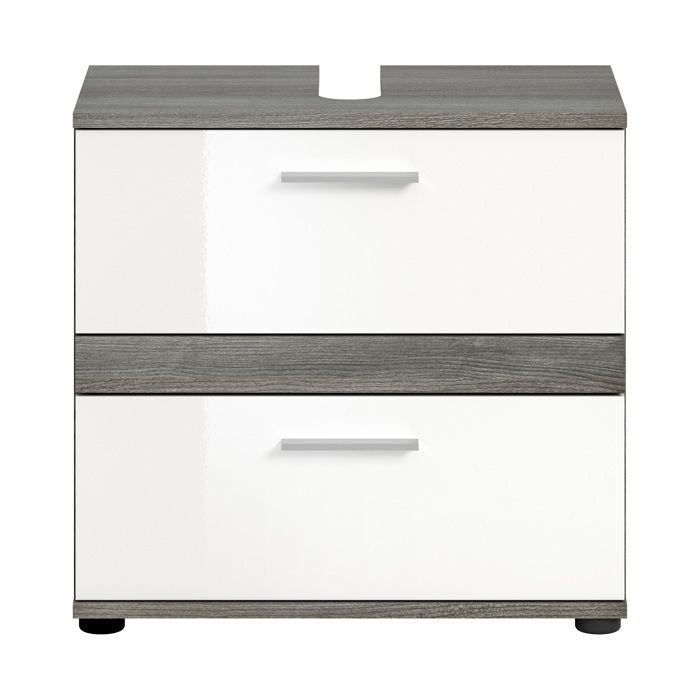 Kaleb - Meuble sous-lavabo en mélaminé blanc et argenté (L/H/P : 60x57x34 cm) Kaleb - Meuble sous-lavabo en mélaminé blanc et argenté (L/H/P : 60x57x34 cm)