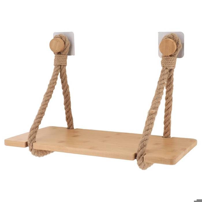 ETAGERE BAMBOU + LANIERES EN CORDE SUR STICKER OU A FIXER - NATUREL - Tendance