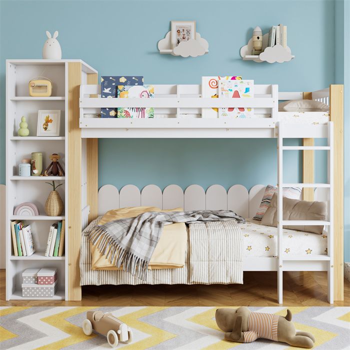 Lit Superposé 2 Places Lit Superposé Enfant 90x200 avec Barrières Escalier Rangements étagères et Armoire Bois Blanc et