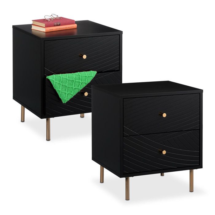 Relaxdays table de nuit avec 2 tiroirs lot de 2 HLP : 52x45x40 cm pour chambre et salon effet bois noir/doré