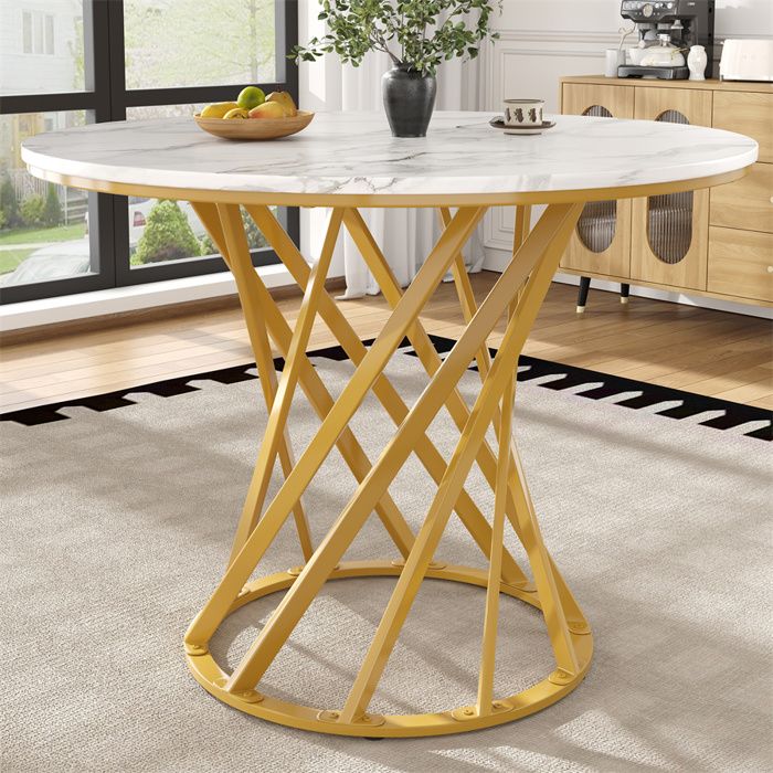 Table Ronde 80×80×76cm Table a Manger Ronde Cuisine pour 4 Personnes Table Tulipe Plateau en MDF Effet Marbre Pieds Métal Doré