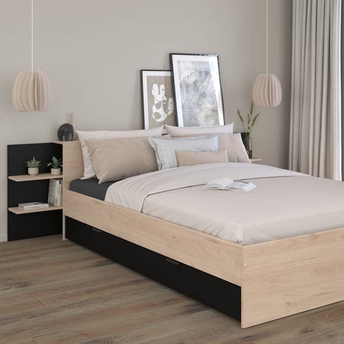 Lit avec tête de lit rangement et tiroir 140x190/200 bois clair et noir - Bois naturel - Fabriqué en France - Terre de Nuit Lit avec tête de lit rangement et tiroir 140x190/200 bois clair et noir - Bois naturel - Fabriqué en France - Terre de Nuit