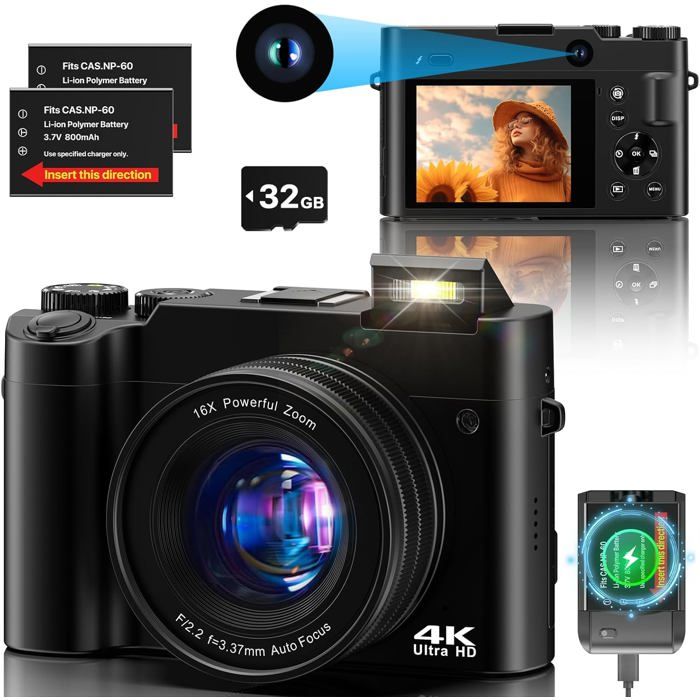 Appareil Photo Numérique 64MP 5K Vlogging Camera Avec Écran Flip 180° - 18X Zoom, Carte SD 32GB Inclus