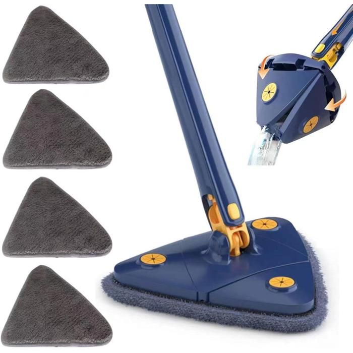 Balai de nettoyage rotatif à 360° réglable, balai télescopique triangulaire multifonction pour sol/plafond/mur/fenêtre de voiture, humide et sec (bleu