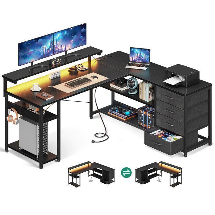 Bureau dAngle Réversible avec Tiroirs Coleshome，Bureau avec Prises/USB/LED 135x110cm Noir