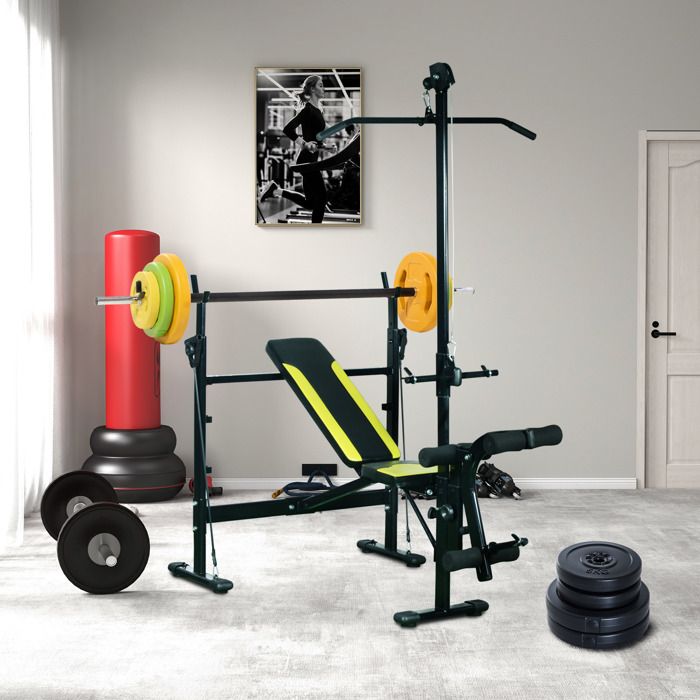 Ensemble haltères et barre 20 kg avec 6 haltères disques de 15 kg 25 kg et 5 kg gym musculation orange vert et jaune