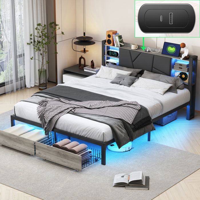 Cadre de Lit 160x200 avec Rangement– Lit Adulte avec LED et USB – 2 Tiroirs – 2 Personnes – Lit Rembourré avec Sommier – PU – Noir