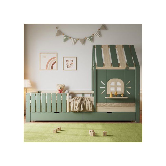 Lit cabane enfant - MERAX - Lit cabane 90x200 - Vert & bois naturel - 2 grands tiroirs - Sommier inclus