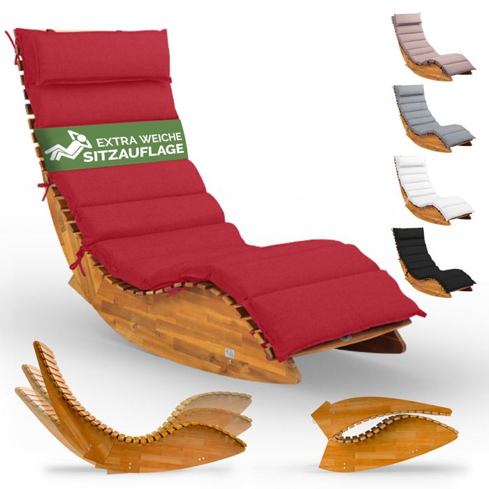 CASARIA® Chaise longue à bascule JAVA avec housse rouge bois dacacia certifié FSC® pliable Capacité de charge 160kg