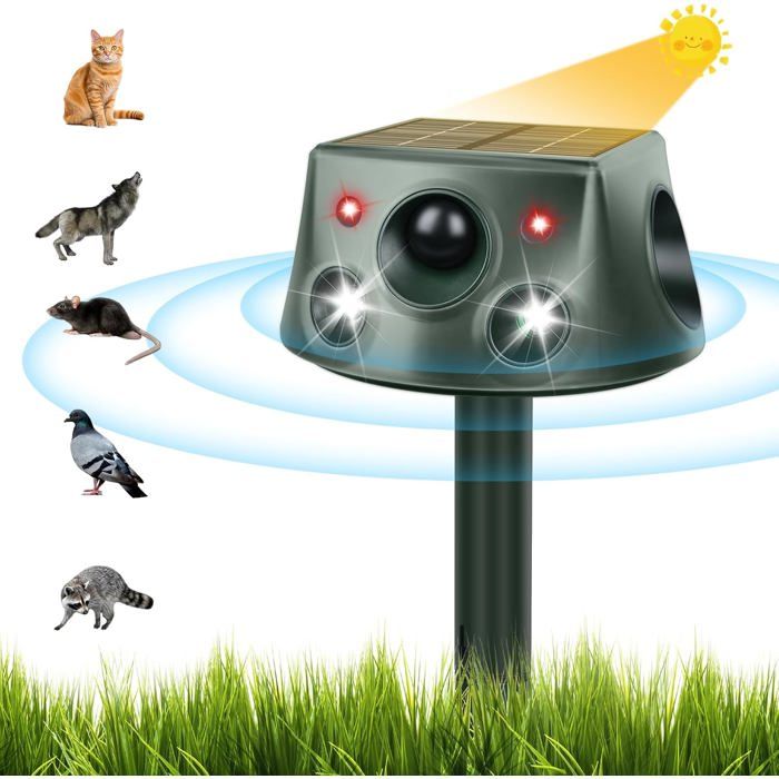 Répulsif Ultrason Extérieur Solaire -  - 6 Modes Réglables USB/IP66 - Anti Chats Chiens Rongeurs - Étanche LED