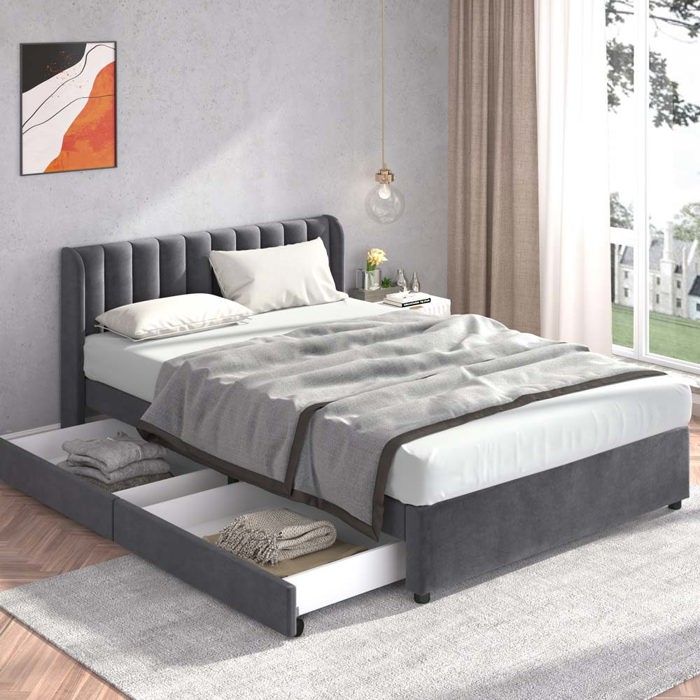 Lit double - Structure rembourrée - Velours gris - 160 x 200 cm - Avec tiroirs