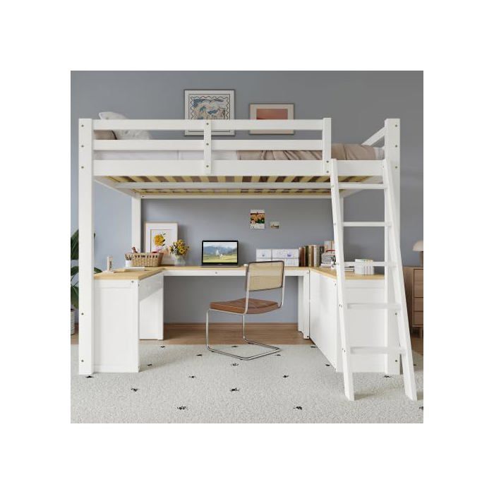 Lit mezzanine pour enfant Merax avec bureau en U deux tiroirs et étagère de rangement 140 x 200 cm blanc + finit LITS SUPERPOSES