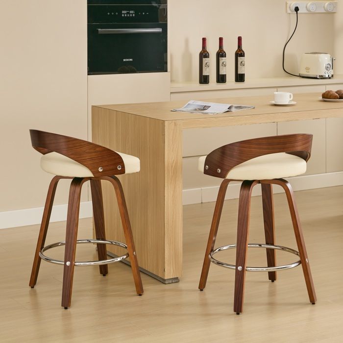 Set de 2 Tabourets de Bar 63cm - Pivotants en bois dossier bas assise moelleuse beige
