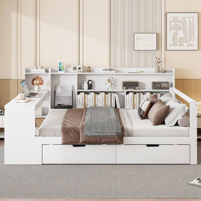 LIT COMBINE canapé-lit adulte  140x200cm bois massif blanc bureau prise USB multicolore LIT COMBINE