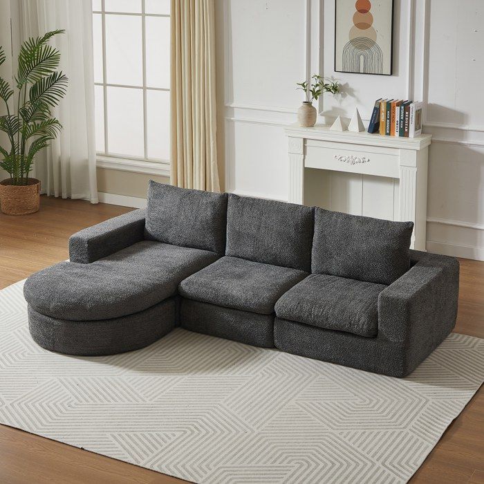 Canapé Modulaire dAngle L3 PlacesAvec méridienneTissu Chenille DouxRelax et Repos avec Coussin de NuqueGris