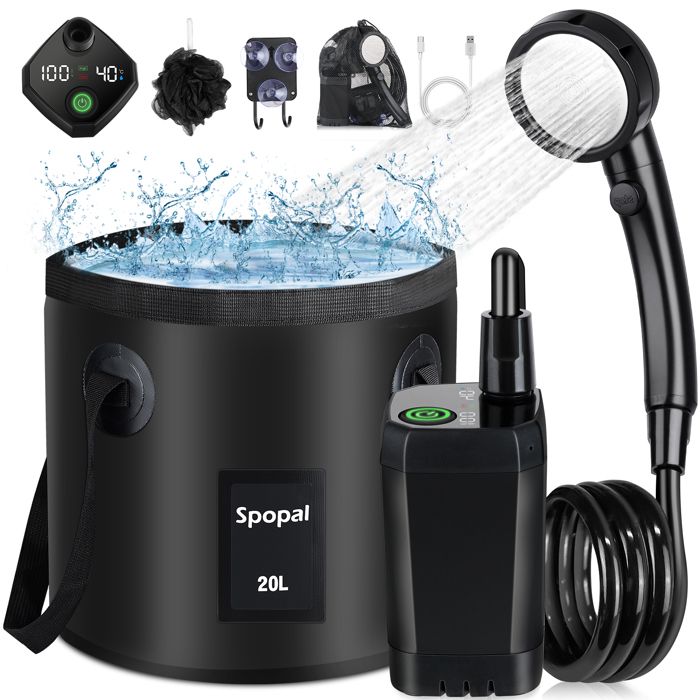 Spopal Camping Douche Portable Kit Douche de CampingRechargeable6000mAh avec Seau Pliable 20LAfficheur Intelligent