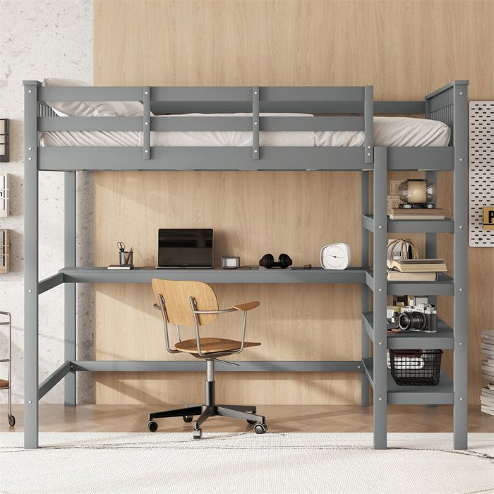 Lit mezzanine- 140x200cm- lit denfant avec compartiments de rangement et bureau sous le lit- bois de pin et MDF- gris- sans matelas Lit mezzanine- 140x200cm- lit denfant avec compartiments de rangement et bureau sous le lit- bois de pin et MDF- gris- sans matelas
