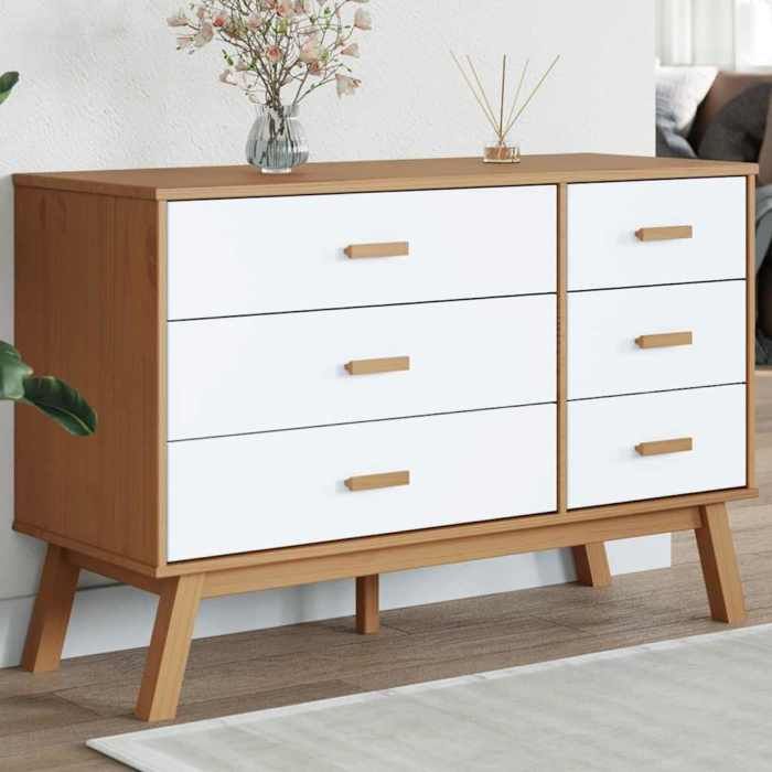 Blanc Cabinet à vitrine/Commode de salon/chambre Buffet bas Magnifique Armoire à tiroirs OLDEN blanc et marron bois de pin solide