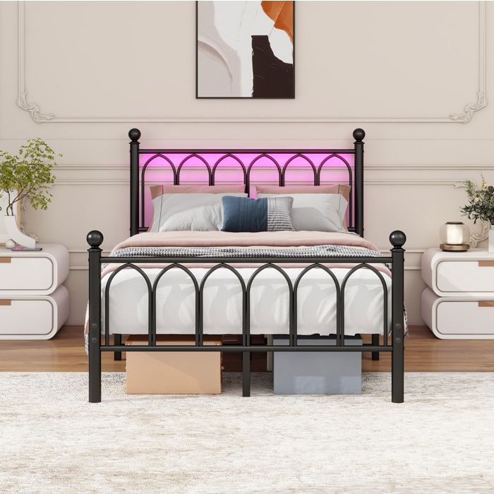 Lit double noir 120×200 cm avec LED et ports USB sommier inclus structure solide sans matelas