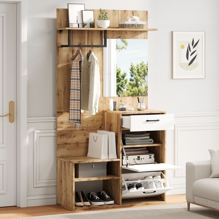Ensemble Portemanteau 100x385x190 cm Meuble Entrée avec Miroir Banc à Chaussures et Rangement Semi-Ouvert - Blanc et Bois Naturel