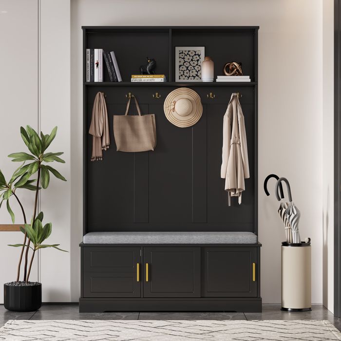 Armoire dentrée avec banc à chaussures portemanteau sur pied idéale pour lentrée ou le couloir noir 120 × 40 × 191 cm