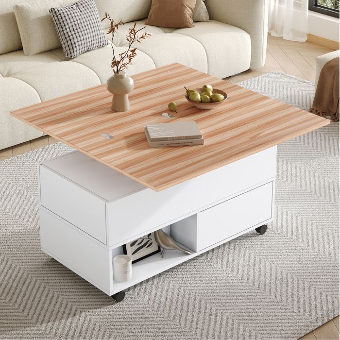 Table basse relevable 100x50 cm extensible 100x100 4 tiroirs 2 niches 4 roulettes avec freins blanc chêne