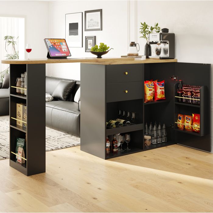 Buffet de cuisine noir 138x39x104 cm module pivotant 360° 4 tiroirs étagères ouvertes MDF