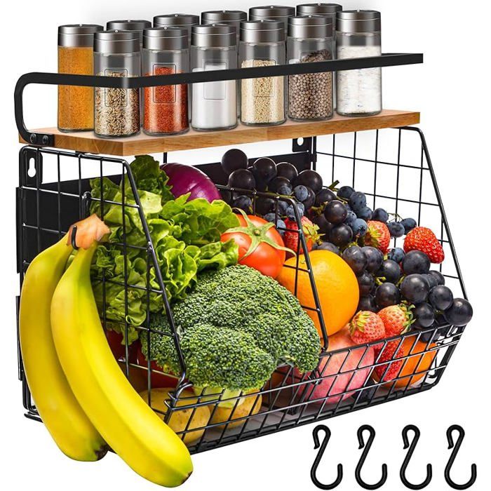 Panier à fruits magnétique suspendu et étagère à épices 2 en 1 organiseur de cuisine sans perçage ensemble de rangem PORTE FRUITS