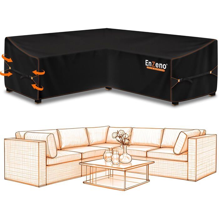 Housse canapé angle L - 255x255x87cm imperméable coupe-vent tissu Oxford salon extérieur PIQUET DATTACHE