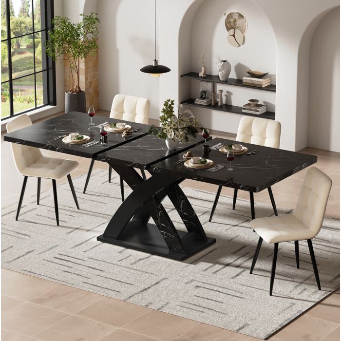WOVREO Table à manger extensible 120-160 cm 6 personnes MDF et métal noire effet marbre