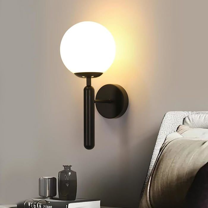 Applique Murale Intérieure Design maliste Moderne E27 Lampe Murale avec Abat-Jour en Verre Luminaires Intérieur Noir