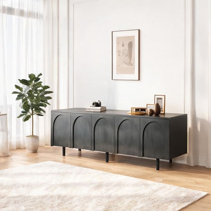 Meuble TV bas 5 portes MDF deep black 180 cm design cintré pieds métal salon moderne