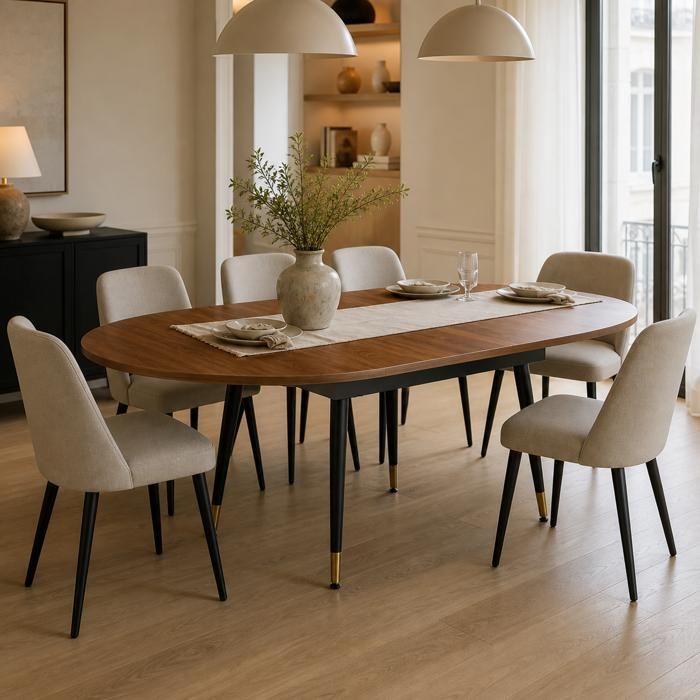 Table à manger extensible ovale en effet noyer plateau MDF et pieds métal 6-10 personnes